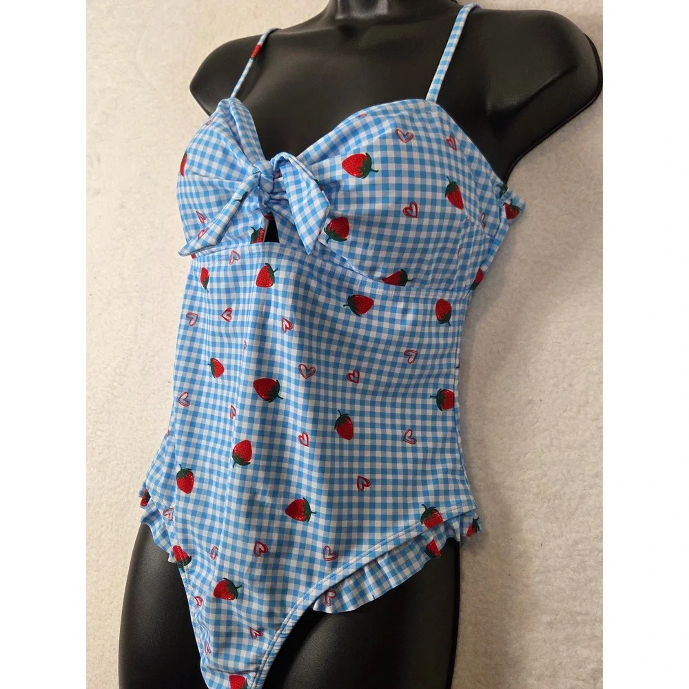 Womens Strawberry Heart Print One Piece Swimsuit L Tie‎ Front Ruffle Beach